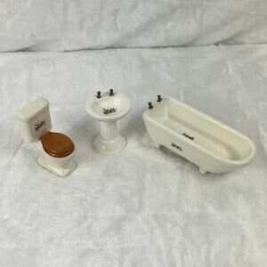 Miniature Porcelain Dollhouse Bathroom Set Sink Toilet Tub Floral 1:12 Scale